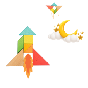 Image from the Matchbox digital initiatives website shows tangram puzzles in the shape of two rockets flying past a crescent moon partially covered in cloud. 