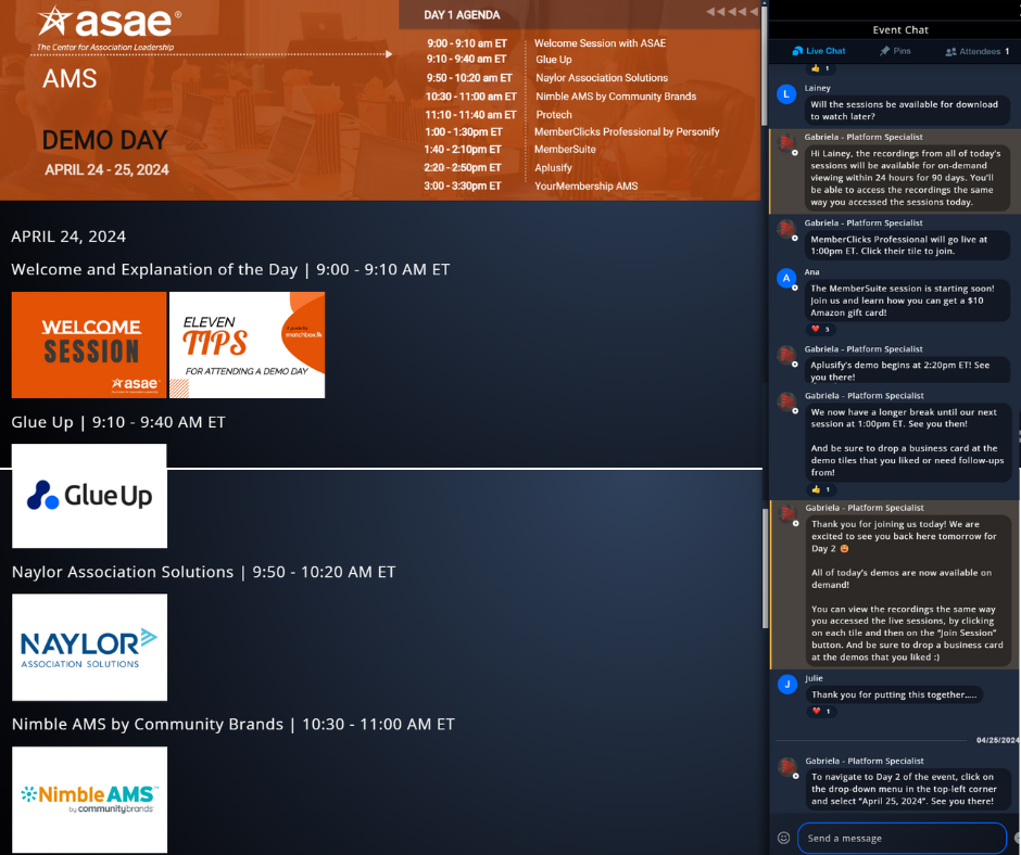 screenshot of the ASAE AMS Demo Days in the Matchbox platform