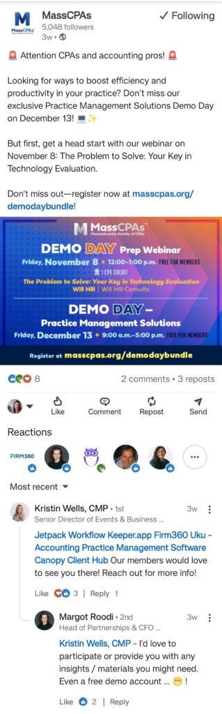 Image depicts a screenshot of a social media post by MassCPAs promoting their Demo Days Event